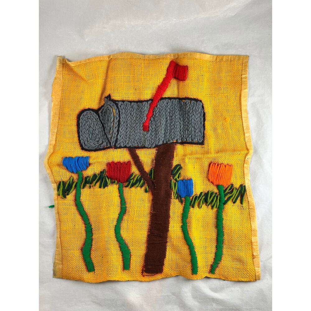 Mailbox Tulips Crewel Embroidery Wall Hanging Ready to Frame 17 x 18 Vintage